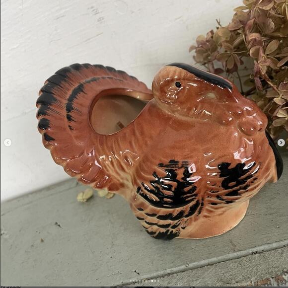 Vintage Turkey Planter Thanksgiving Dinner Table Centerpiece Ceramic Brown Black - Picture 8 of 10